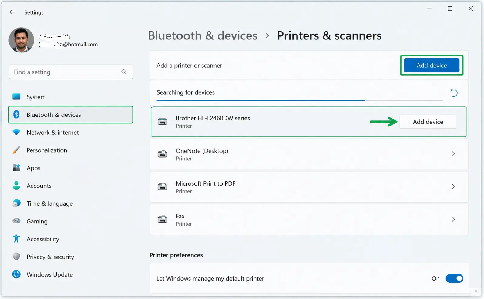 Windows 11 Settings → Bluetooth & devices → Printers & scanners → Add device